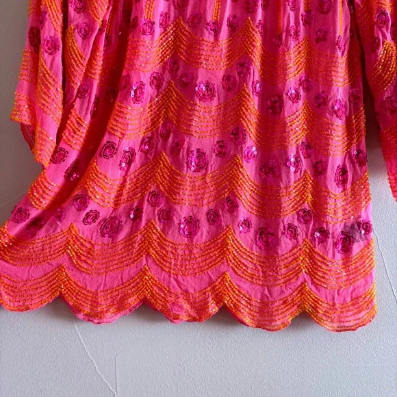 Antik Batik Pink Orange Beaded Silk Blouse 3/4 Sleeve Scalloped Hem Top Medium - Picture 10 of 13